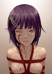 1girls 2d after_sex after_skull_fucking as109 blood bondage breasts bukkake color crying cum cum_in_eye cum_in_eyes eye_penetration female femsub front_view gore guro hairclip nipples nude oppai pale-skinned_female pale_skin purple_eyes purple_hair restrained rope short_hair skull_fucking skullfuck solo tear