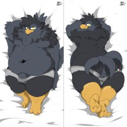 arty_stu ass avian balls bed bird bulge corvid corvus_(genus) crow dakimakura_pose furniture genitals hi_res male male_only overweight penis slightly_chubby solo