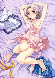 abhar apron barefoot blush cum facial feet hadaka_apron hanami_mar'ya high_res legs misaki_kurehito nipples one_breast_out oppai panty_pull suiheisen_made_nan_mile?