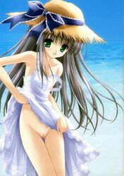 1girls artist_request bare_shoulders beach blush bottomless character_request cleavage dress female green_eyes grey_hair hat huge_eyes human long_hair no_panties open_mouth pointy_chin pussy ribbon skirt_lift solo source_request thigh_gap undressing water