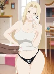 1boy 1girls after_sex black_thong dark-skinned_male dark_skin darkalx female hips hourglass_figure interracial light-skinned_female light_skin male mature_female naruto naruto_(series) naruto_shippuden no_pants phone qos qos_clothing queen_of_spades queen_of_spades_symbol selfie tank_top thick_thighs thong tsunade wide_hips