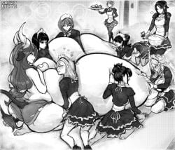 9girls breast_press breast_squeeze breastfeeding bucket bucket_of_milk cow_ears cow_girl cow_tail excessive_lactation female_only gigantic_breasts happy heart horns huge_breasts hyper hyper_breasts lactation licking_breast licking_nipples long_hair maid maid_headdress maid_uniform milk milking milking_breasts monochrome monster_girl multiple_girls sitting skirt smiling snowyfeline tail thick_thighs yuri