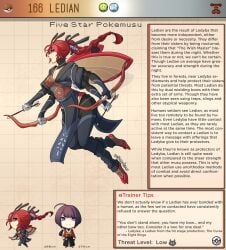 4_arms arrow_(weapon) bow_(weapon) braided_hair creature_index english_text female_focus generation_2_pokemon hi_res kinkymation ledian monster_girl nintendo page_166 page_number pokemon pokemon_(species) pokemorph pokemusu profile red_hair tagme text_box wings