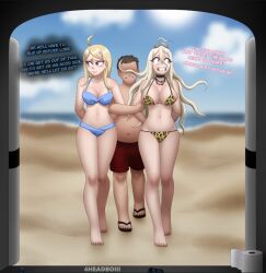 2girls 4headboiii akamatsu_kaede beach bikini blonde_hair blue_bikini danganronpa danganronpa_v3 female female_focus forced imminent_rape iruma_miu kidnapping leopard_print_bikini male straight_hair swimsuit