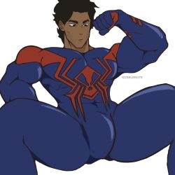 1boy bara bara_tiddies bara_tits bulge bulge_through_clothing cheek_bones comic dark-skinned_male dark_skin flaccid male male_only marvel miguel_o'hara mullet muscular muscular_male scrblenuts skin_tight solo solo_male spider-man spider-man_2099