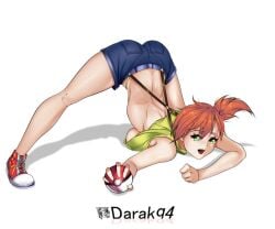 1girls artist_name ass ass_up big_ass big_butt darakq4 female female_only game_freak green_eyes hi_res high_resolution holding_object holding_pokéball jack-o_pose jean_shorts legs misty_(pokemon) open_mouth orange_hair pokeball pokemon pokemon_rgby shoes short_orange_hair shorts side_ponytail sneakers solo solo_female suspenders tank_top underboob white_background