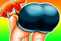 1girls aqua_eyes artist_request ass ass_focus ass_up bare_shoulders bent_over big_ass big_butt denim female female_only game_freak huge_ass huge_butt jean_shorts kasumi_(pokemon) lowres orange_hair pokemon pokemon_rgby ponytail short_hair short_orange_hair shorts side_ponytail solo tank_top unknown_artist