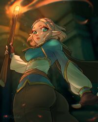 1girls 2023 artist_name ass ass_focus blonde_hair chiffonfae cloak clothed crown_braid elf_ears green_eyes hair_clips hi_res holding_torch looking_at_viewer looking_back nintendo pants princess_zelda safe_for_work sfw short_blonde_hair short_hair solo tears_of_the_kingdom the_legend_of_zelda tight_pants torch zelda_(tears_of_the_kingdom)