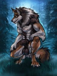 abs animal_genitalia anthro balls_outline canid canine forest forest_background fur gausswolf genital_outline genitals male mammal muscular muscular_anthro muscular_male nature nature_background night nipples pecs plant sheath slorgim solo tree were werecanid werecanine werewolf