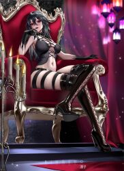 1girls belly_button big_breasts black_hair breasts candles clothed clothing demon demon_girl female female_only goth goth_girl gothic heel_boots high_heel_boots high_heels indie_virtual_youtuber indoors light-skinned_female light_skin monster_girl red_eyes ringeko_chan sitting sitting_on_throne solo throne valhgoria virtual_youtuber