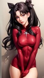 1girls ai_generated blue_eyes covering_crotch fate/stay_night fate_(series) hair_ribbon latex latex_leotard long_hair no_bra red_latex ribbon solo stable_diffusion tohsaka_rin twintails