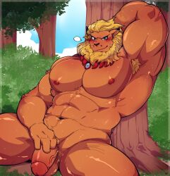 abs anthro armpit_hair balls bandai_namco barazoku biceps big_muscles big_pecs blonde_hair blonde_mane blush body_hair bottomwear clothing detailed_background digimon digimon_(species) digital_media_(artwork) felid forest fur genitals hair hand_behind_head hi_res humanoid_genitalia humanoid_penis jewelry leomon looking_at_viewer lying lying_on_tree male male_only mammal mane muscular muscular_anthro muscular_male navel necklace necklace_only nipples nude on_back orange_body outside pants pecs penis piercing plant seintaur solo tree