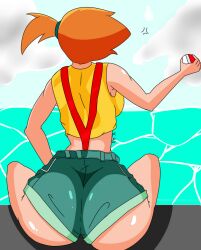 1girls artist_request ass back_view bare_shoulders big_ass big_butt denim female female_only game_freak holding_object holding_pokéball huge_ass huge_butt jean_shorts midriff misty_(pokemon) orange_hair pokeball pokemon pokemon_rgby ponytail short_hair short_orange_hair side_ponytail sitting solo solo_female suspenders tank_top unknown_artist water