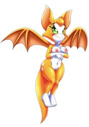 absurd_res anthro ass bat big_breasts blush breasts canid canine digital_media_(artwork) dust:_an_elysian_tail feet female fidget_(elysian_tail) fur genitals green_eyes hair hand_on_breast hi_res huge_breasts humanoid humanoid_legs mammal membrane_(anatomy) membranous_wings nimbat nipples nude orange_body orange_fur pussy simple_background smile smiling_at_viewer solo thick_thighs unknown_artist white_body white_fur wings