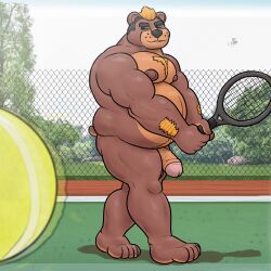 alanottaviano anthro ball barazoku bear belly brown_bear brown_body brown_fur extracurricular_activities fur furry genitals grizzly_bear harold_grifter hi_res male mammal musclegut muscular muscular_male overweight overweight_male penis solo tennis_ball tennis_court tennis_racket ursine