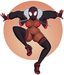 1girls big_ass big_breasts bimbo bimbofication body_modification casual clothing dark_skin female female_only footwear genderswap_(mtf) handwear headwear hourglass_figure huge_ass huge_breasts human legwear marvel miles_morales outerwear panties rule_63 sneakers spider-man spider-man:_into_the_spider-verse spider-man_(series) tagme tape_on_nipples taped_nipples thick_thighs thighhighs wide_hips wrenzephyr2