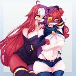 2girls big_breasts clothing countryhumans countryhumans_girl countryhumans_oc female female_only fevie_(markai_cat) grabbing_from_behind markai_cat original pride_month simple_background white_background yuri zaryskova_(screendisplayer)