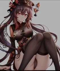 ai_generated arm_behind_back arm_on_hip big_ass big_boobs big_breasts black_stocking black_stockings breasts brown_hair closed_mouth flower_on_head genshin_impact hu_tao_(genshin_impact) long_hair open_eyes pussy sitting sitting_on_ground tagme thick_thighs