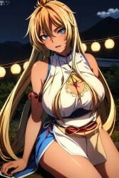 1girls ai_generated bare_shoulders bertrand_(kamikatsu) blonde_hair blue_eyes cleavage cloud curvy dark-skinned_female female head_tilt kaminaki_sekai_no_kamisama_katsudou large_breasts long_hair looking_at_viewer mounting night shiny_skin sitting smile solo thick_thighs white_dress wide_hips