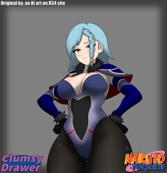 1girls azure_fang blue_eyes blue_hair braided_hair bunnysuit clothing clumsydrawer cosplay crossover frown genshin_impact logo looking_away mona_(genshin_impact) naruto naruto_online pantyhose self_upload shiny_skin simple_background skin_tight solo text video_game_character