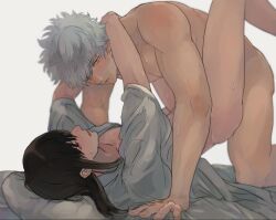 2boys all_fours androgynous arms_around_neck ass_up black_hair blush bottomless gay gintama gintoki_sakata haori implied_anal katsura_kotarou long_hair long_hair_male looking_at_another looking_at_viewer male male_only missionary_position nmchal nude on_back partially_clothed sweat toned toned_male white_hair yaoi