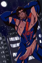 1boy armpit_hair armpits arms_up balls boner erect_penis erection genitals latino looking_at_viewer male male_focus male_only marvel marvel_comics mexican_male miguel_o'hara moon muscles muscular muscular_male nipples penis skin_tight solo solo_male spider-man spider-man:_across_the_spider-verse spider-man:_into_the_spider-verse spider-man_(series) spider-man_2099 superhero testicles torn torn_clothes torn_clothing uncut wickedsturdy