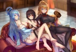 3girls aqua_(konosuba) ass barefoot blonde_hair blue_eyes blue_hair blush bodysuit breasts brown_hair butt_crack cameltoe cleavage covered_nipples darkness_(konosuba) duplicate feet female female_only image_sample indoors jpg kono_subarashii_sekai_ni_shukufuku_wo! large_breasts long_hair medium_breasts megumin multiple_girls nipples non-web_source orange_eyes ponytail sgt-jz short_hair toes