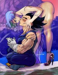 amartbee ass bent_over big_ass blush bulma bulma_briefs dragon_ball dragon_ball_super fantasizing high_heels high_heels_only holding_head imagining legs_crossed meditation mostly_nude transparent transparent_body vegeta