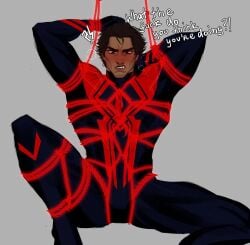 1boy arms_up blakk_red bondage bulge fangs flaccid latino looking_down male male_focus male_only marvel marvel_comics miguel_o'hara muscles muscular muscular_male robyablush solo solo_male spider-man spider-man:_across_the_spider-verse spider-man:_into_the_spider-verse spider-man_(series) spider-man_2099 spread_legs superhero text web webbed_hands