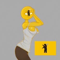 1girls :< big_breasts clothing countryhumans countryhumans_girl eyebrows female female_only flag gray_background no_pupils pants redcosmos simple_background solo statehumans statehumans_girl white_eyes yaroslavl_oblast yaroslavl_oblast_(countryhumans) yellow_body yellow_skin