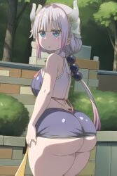 ai_generated ass big_ass blue_eyes breasts dragon_girl dragon_horns dragon_humanoid fat_ass horns huge_ass kanna_kamui kannagenerator kobayashi-san_chi_no_maidragon looking_at_viewer massive_ass miss_kobayashi's_dragon_maid thick_thighs twintails white_hair young