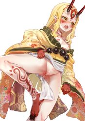 ass_visible_through_thighs barefoot blonde_hair blush boshi_(a-ieba) censored clothes_lift commission cup eyeliner facial_mark fate/grand_order fate_(series) feet female fingernails foot_out_of_frame forehead_mark headpiece highres horns ibaraki_douji_(fate) japanese_clothes kimono legs lifted_by_self long_hair looking_at_viewer makeup no_panties oni oni_horns open_mouth pointy_ears pussy sakazuki sharp_fingernails sharp_toenails simple_background skeb_commission skin-covered_horns solo standing standing_on_one_leg tattoo toenails toes variant_set yellow_eyes yellow_kimono