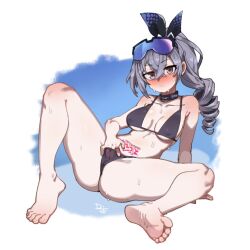 arm_support barefoot bikini black_bikini blush breasts closed_mouth collarbone difman difmanm drill_ponytail feet female fingering fingering_self goggles goggles_on_head grey_eyes grey_hair hair_between_eyes highres honkai:_star_rail honkai_(series) knee_up legs long_hair looking_at_viewer masturbation medium_breasts navel pussy silver_wolf_(honkai:_star_rail) soles stomach_tattoo sweat swimsuit tattoo toenails toes uncensored