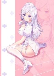 1girls akitake anekawa_chiyuki big_breasts breasts cleavage clothed clothing gloves hat heels indie_virtual_youtuber light-skinned_female light_skin nurse nurse_cap purple_eyes solo virtual_youtuber white_gloves white_hair