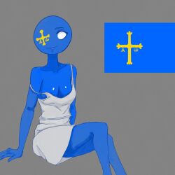 1girls asturias asturias_(countryhumans) blue_body blue_skin countryhumans countryhumans_girl eyebrows female female_only gray_background lipstick looking_at_viewer no_pupils one_eye redcosmos simple_background sitting small_breasts white_eyes