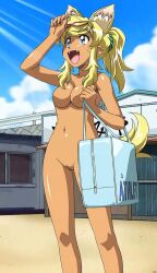 animal_ears beach blonde_hair blue_eyes dark-skinned_female dark_skin day dog_ears extra_ears eyewear_on_head fangs female liru long_hair no_nipples nude nude_filter outdoors ponytail renkin_san-kyuu_magical_pokaan smile solo sunglasses sunglasses_on_head tail third-party_edit