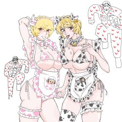 2girls areola_slip armpit big_breasts bikini blonde_hair breast_squish cheesecake_1220 cleavage clone collaboration cow_bikini cow_ears cow_girl cow_horns cow_maid_bikini cow_print cowbell donquixote_rosinante fake_animal_ears female female_focus garter genderswap_(mtf) holding_hands large_areolae lingerie looking_at_viewer maid_uniform male meme_attire meshi_kome one_piece plushie red_eyes rule_63 short_hair side-tie_bikini single_thighhigh smile tongue_out trafalgar_law underboob very_short_hair waist_apron