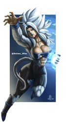 1girls big_breasts blood blood_drip blood_on_face blue_eyes blue_lipstick boots bruise bruises commission dragon_ball dragon_ball_z elitenappa energy_ball female female_only female_saiyan latex leggings light-skinned_female lunna saiyan_tail solo super_saiyan_4 super_saiyan_5 thick_thighs torn_clothes