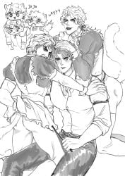 3boys animal_ears apron ass blush cat_ears cat_tail chain12123871 crossdressing dio_brando dual_persona ear_birthmark gay hand_on_another's_head holding holding_whip jojo's_bizarre_adventure jonathan_joestar lipstick long_hair long_sleeves maid maid_apron makeup male male/male/male male_focus monochrome multiple_boys muscular muscular_male pants phantom_blood puffy_long_sleeves puffy_short_sleeves puffy_sleeves shirt short_hair short_sleeves sitting smile stardust_crusaders tail thighhighs thighs whip yaoi