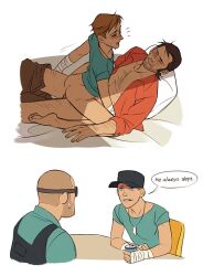 2boys asleep blue_clothing blue_team_(team_fortress_2) blush blushing blushing_male brown_hair_male dark_brown_hair engineer_(team_fortress_2) friends gay light_brown_hair light_skin male male_only older_penetrating_younger red_clothing red_team_(team_fortress_2) scout_(team_fortress_2) sleeping sleeping_sex sniper_(team_fortress_2) soda soda_can somnophilia tagme team_fortress_2