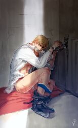 1boy after_anal after_rape after_sex arthur_kirkland axis_powers_hetalia blood bondage captive captured chained chains crying cuff_(restraint) cuffed cuffs cum cum_in_ass cum_inside cuts england_(hetalia) gag gagged gay half-dressed injury male malesub pants_down prisoner rape restrained tape_gag tears underwear underwear_down vuri whip_marks wound wounded wrist_cuffs