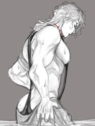 1boy abs ass chain12123871 closed_eyes dio_brando earrings gay jewelry jojo's_bizarre_adventure long_hair male male_focus monochrome muscular muscular_male nipples partially_submerged pectorals revealing_clothes scar scar_on_neck solo stardust_crusaders water wet