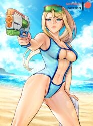 beach bikini blonde_hair looking_at_viewer metroid mystra77 nintendo samus_aran sunglasses sunglasses_on_head water_gun