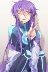 1boy blush bodysuit cum cum_on_body cum_on_face femboy gakupo_kamui long_hair male male_only nail_polish peace_sign vocaloid