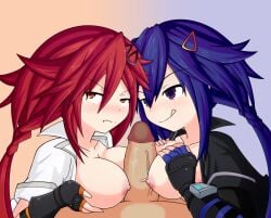 1boy 2girls annoyed blue_hair blush breasts hairclip hand_on_breast kurome_ankokuboshi licking_lips light-skinned_female neptunia_(series) nipples orange_eyes paizuri penis pov purple_eyes red_hair santystuff uzume_tennouboshi