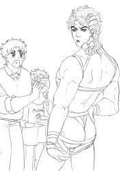 3boys ass back birthday_present blush chain12123871 couple covering_another's_eyes dio_brando ear_birthmark father_and_son gay giorno_giovanna happy_birthday jojo's_bizarre_adventure jonathan_joestar lipstick long_hair makeup male male_focus monochrome multiple_boys muscular muscular_male naked_ribbon phantom_blood ribbon yaoi