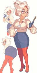 1girls big_breasts blue_gloves chopsticks_in_hair digital_art female female_focus female_only glasses gloves gold_jewelry gold_neckwear high_heels id_card inkerton-kun inkuusan jewelry lanyard looking_at_viewer name_tag navy_blue_skirt nintendo nintendo_switch office_lady pencil_skirt purah purah_(tears_of_the_kingdom) red_eyes red_glasses red_tights round_glasses sheikah smiling_at_viewer tears_of_the_kingdom the_legend_of_zelda tight_clothing tucked_shirt white_background white_blouse white_hair white_top