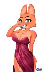 1girls 2d anthro arms_behind_back blush cleavage diane_foxington dreamworks dress eyelashes fox fox_ears fox_girl fur furry furry_only garbageman green_eyes highres hips orange_fur pose red_dress smile smiling solo solo_female solo_focus sweat sweatdrop sweating the_bad_guys white_background