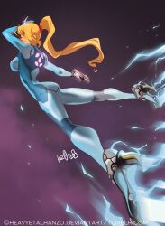 1girls action_pose blonde_hair female female_only heavymetalhanzo heels metroid nintendo samus_aran solo solo_female tiny_waist