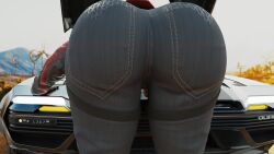 3d ass ass_focus bending_over bent_over big_ass big_butt black_hair blender caked_up car cheesecake close-up cyberpunk cyberpunk_2077 hi_res highway huge_butt jeans leather_jacket masterbeta mechanic panam_palmer